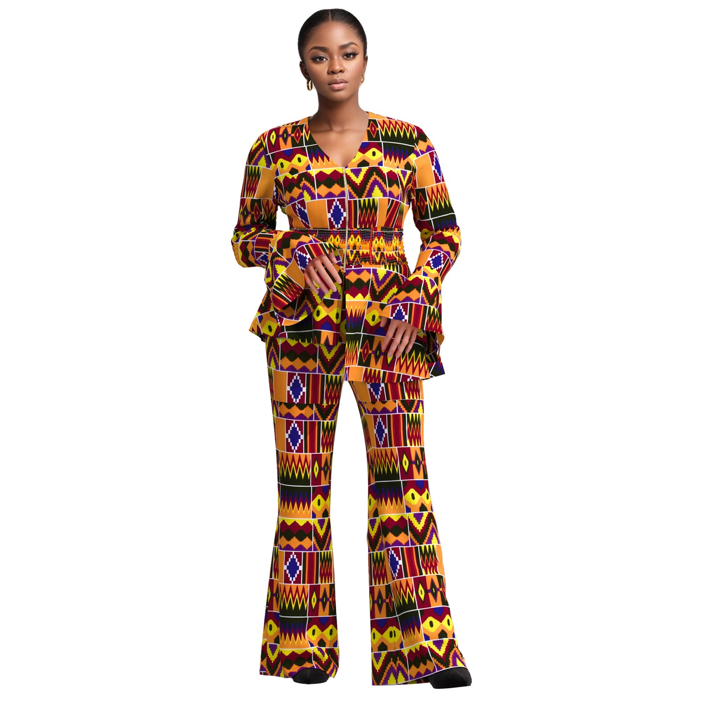 African Fashion Women's Sweet Wind Horn Long Sleeve Women's Zipper V-neck Top and Pants wy10949