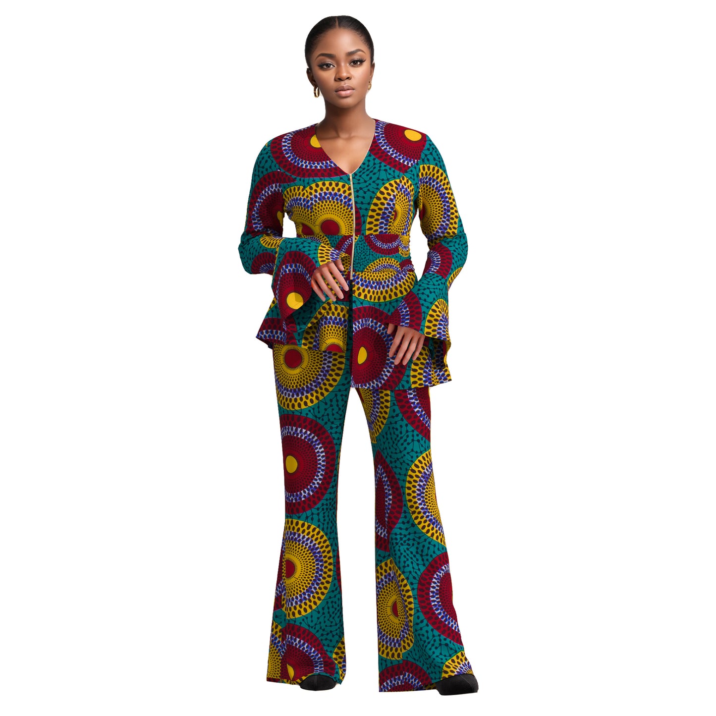 African Fashion Women's Sweet Wind Horn Long Sleeve Women's Zipper V-neck Top and Pants wy10949