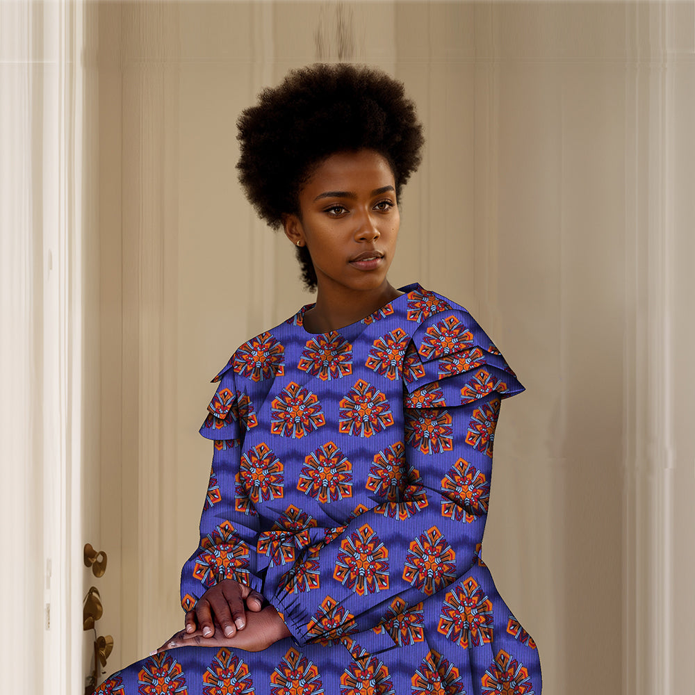 Long-sleeved knee-length African dress with bow belt FH034