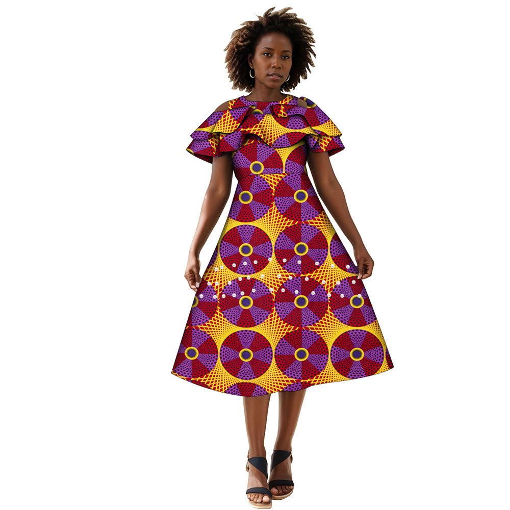 African Dresses for Women A-line Knee-Length Dress Traditional Ankara Kente Print Evening Dress WY4401