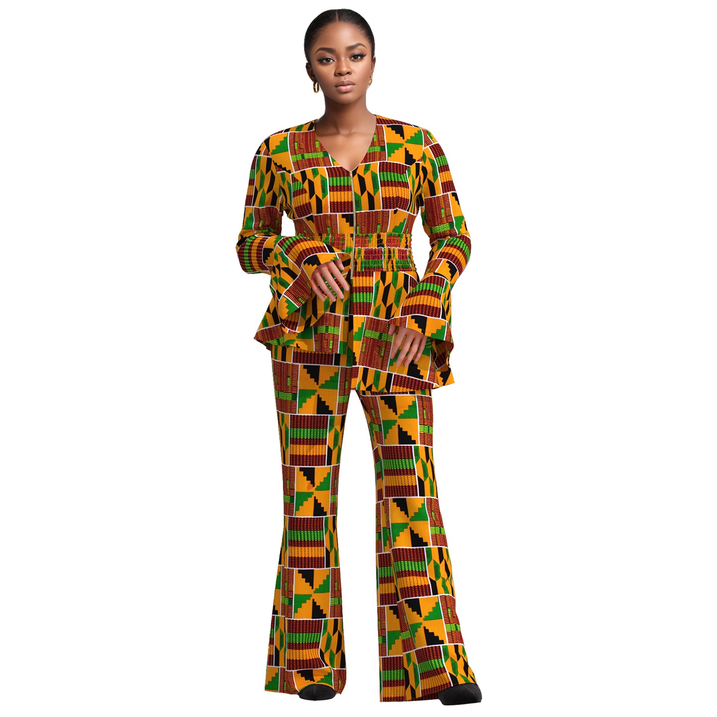 African Fashion Women's Sweet Wind Horn Long Sleeve Women's Zipper V-neck Top and Pants wy10949
