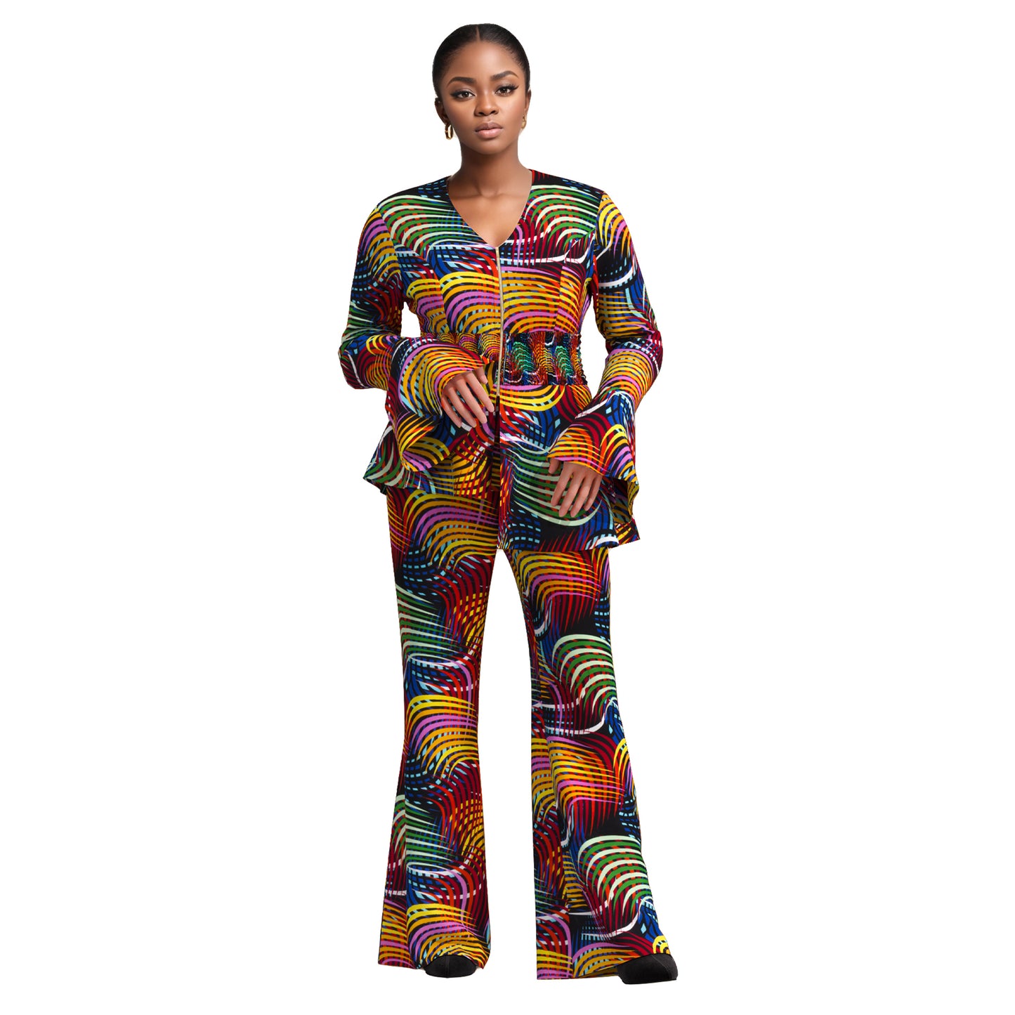 African Fashion Women's Sweet Wind Horn Long Sleeve Women's Zipper V-neck Top and Pants wy10949