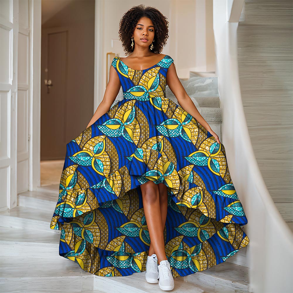 African women dress deep round neck Ankara Kent traditional wax print party dress WY8373
