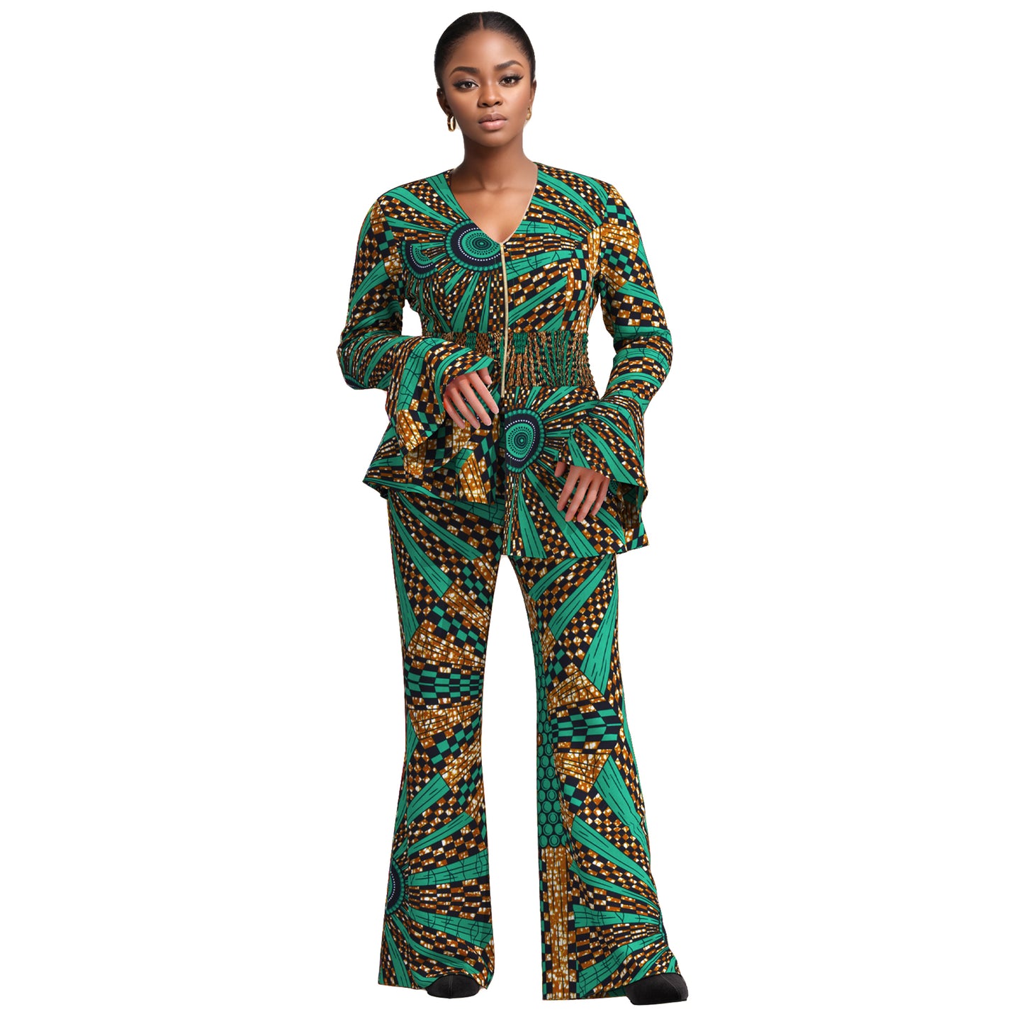 African Fashion Women's Sweet Wind Horn Long Sleeve Women's Zipper V-neck Top and Pants wy10949