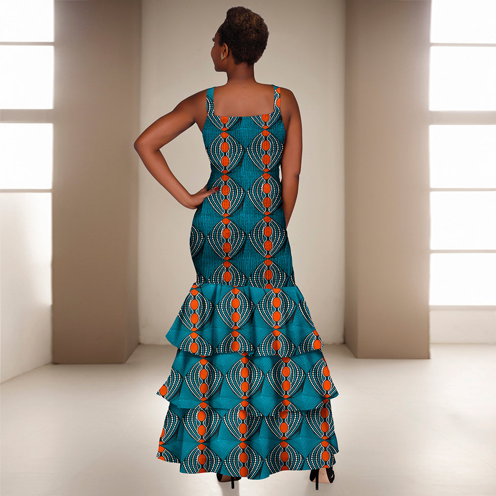 African Women Dresses Summer Sleeveless Ruffle Dress Dashiki Bodycon Dress WY298
