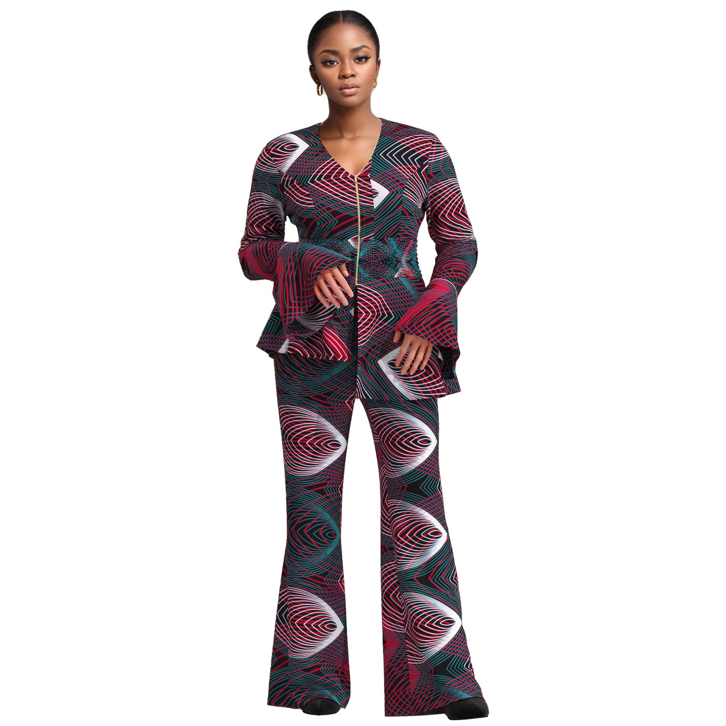 African Fashion Women's Sweet Wind Horn Long Sleeve Women's Zipper V-neck Top and Pants wy10949