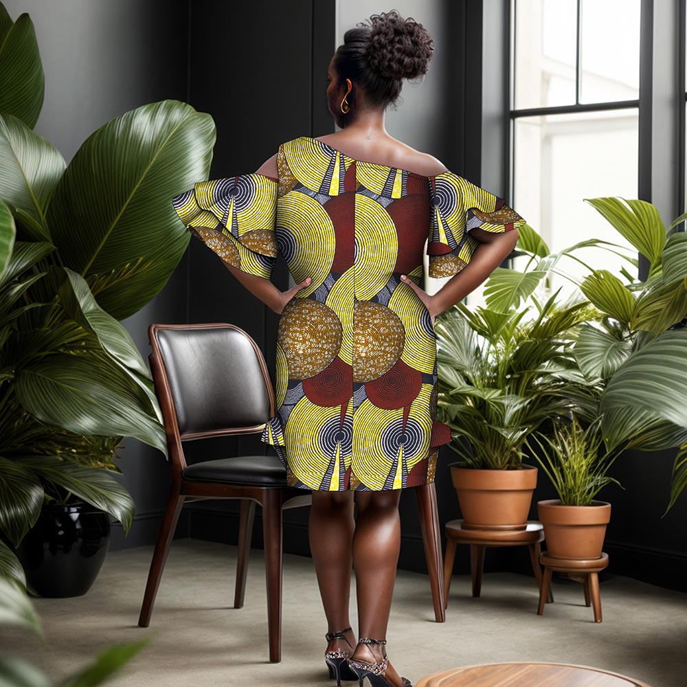 African Women Print Dress Knee Length Dress with Ruffle Edge Fashion Ankara Dress WY5294
