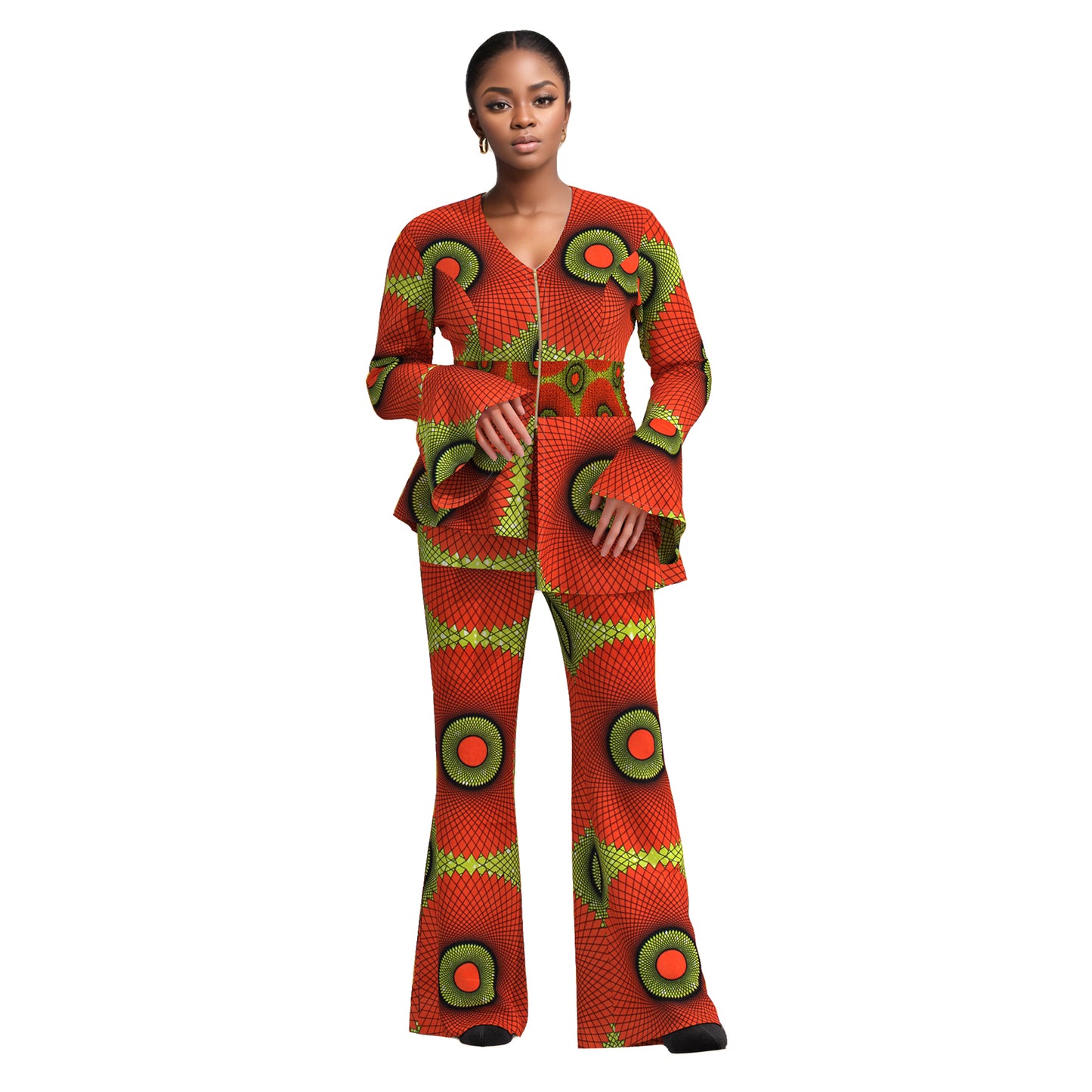 African Fashion Women's Sweet Wind Horn Long Sleeve Women's Zipper V-neck Top and Pants wy10949