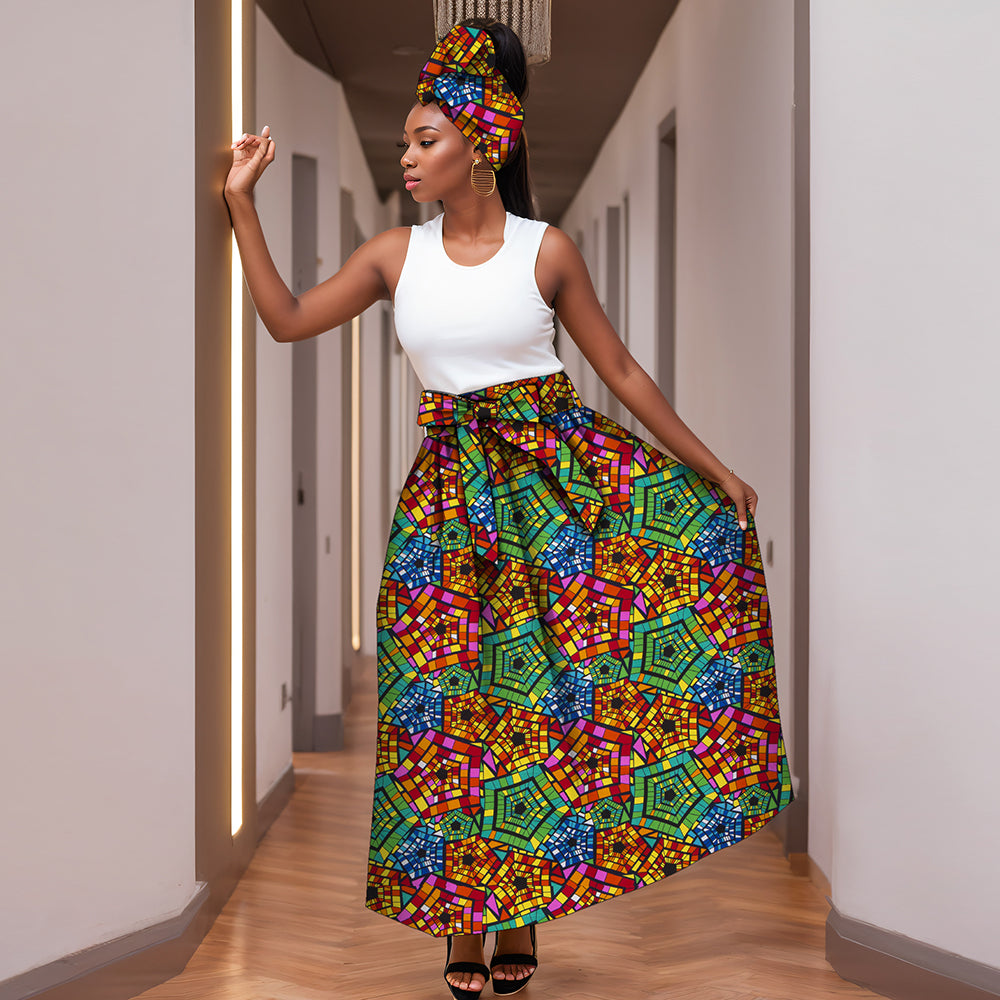 African Ankara Half Skirts for Women Fashion High Waist Elegant Long Skirt Matching Headwrap WY268