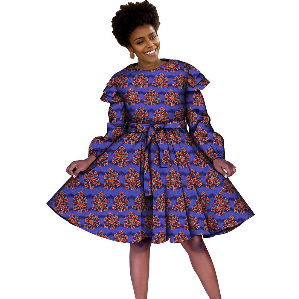 Long-sleeved knee-length African dress with bow belt FH034