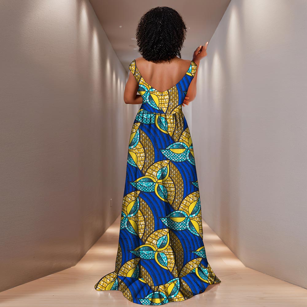 African women dress deep round neck Ankara Kent traditional wax print party dress WY8373