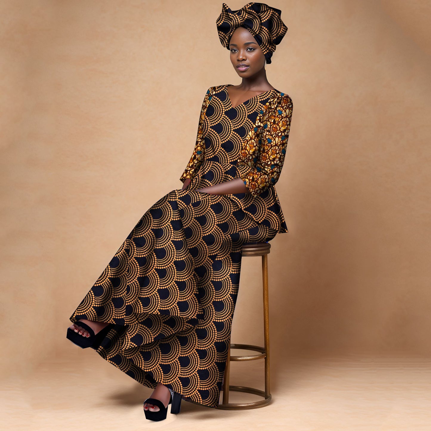 African Ankara Print Women Dresses Set with Headscarf WY1401