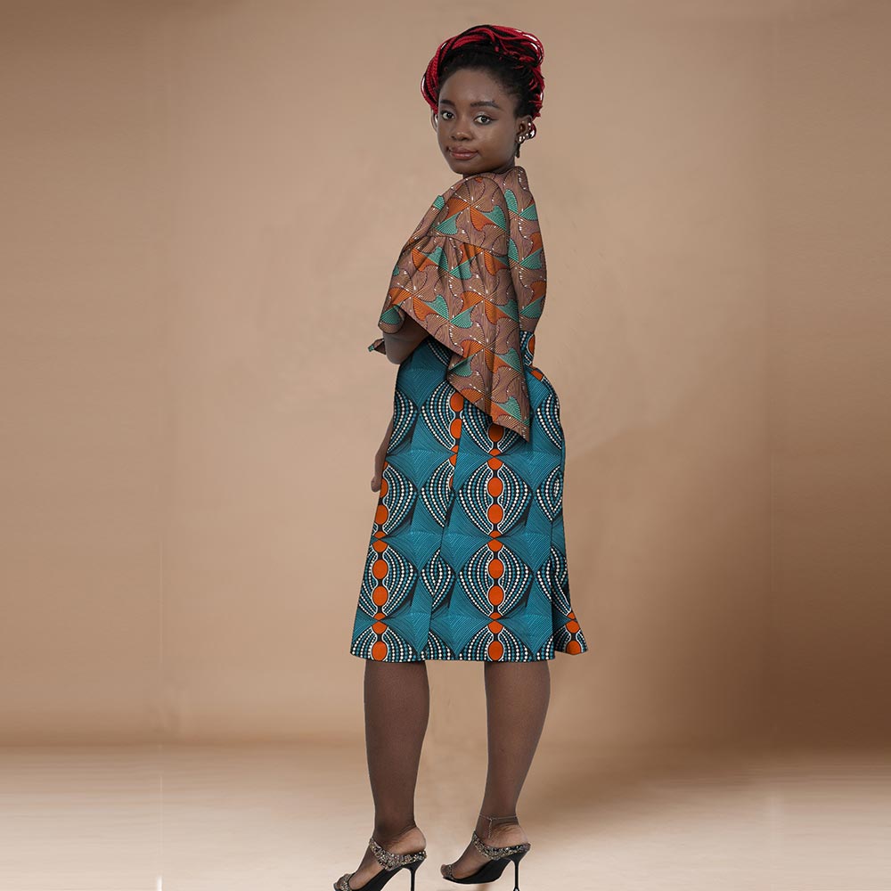 African Women Dresses Short Trumpet Sleeve Knee Length Patchwork Dress WY7506