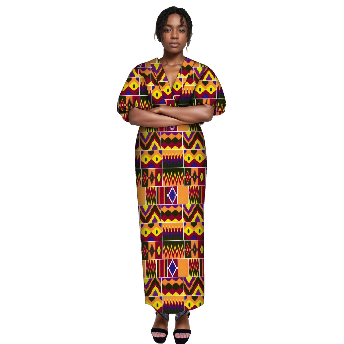 African Fashion Women's V-neck Bubble Sleeve Women's Skirt, European and American Women's Slimming and Ankle Long Skirt wy10347