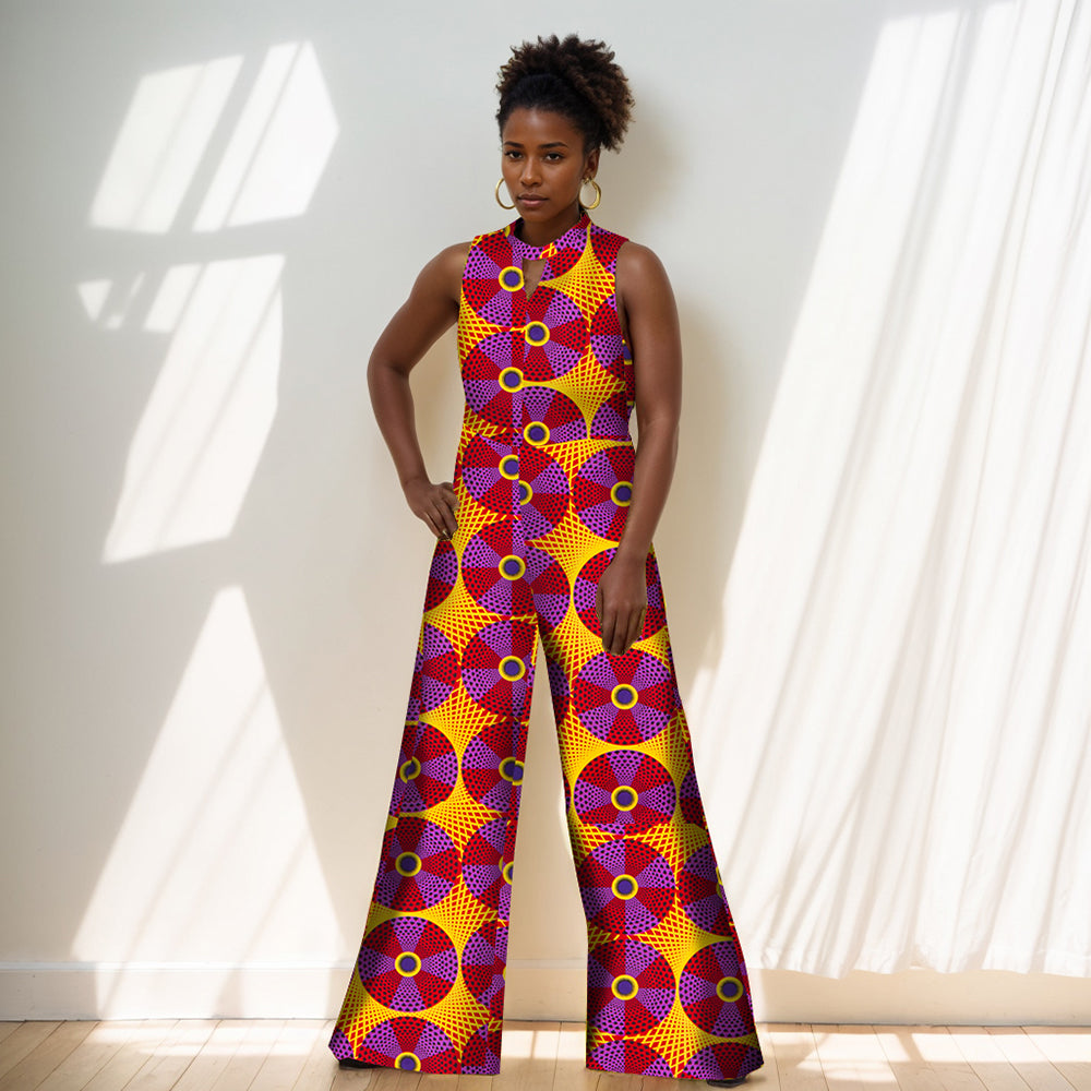 Africa Women Sleeveless Ankara Print Wide Leg Jumpsuits WY2244