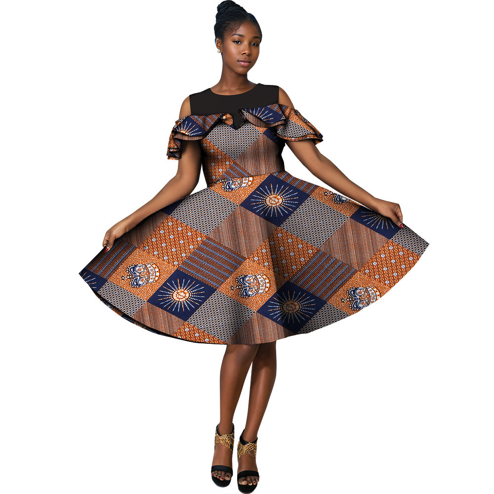 African Ankara Print Dresses O-Neck Splicing Dresses Party Dresses Short Dresses WY5502