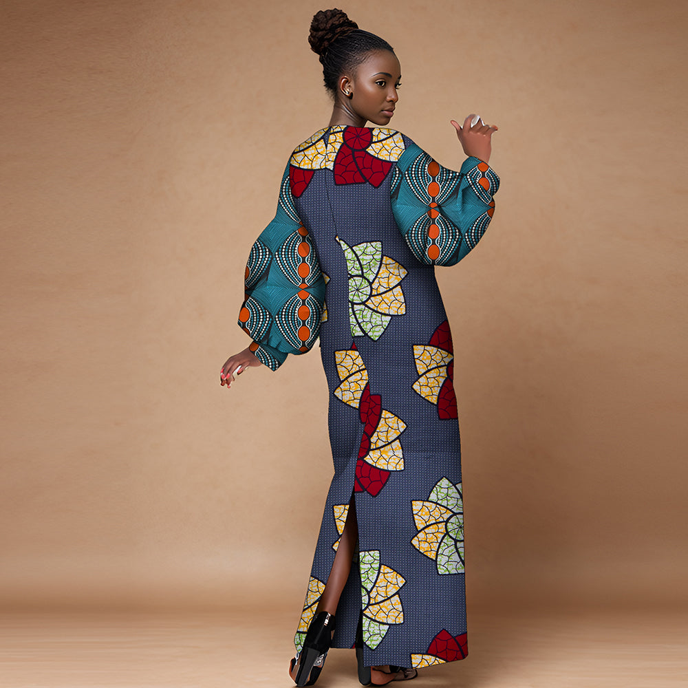 African women dress crew neck patchwork long sleeve high waisted party dress WY9991