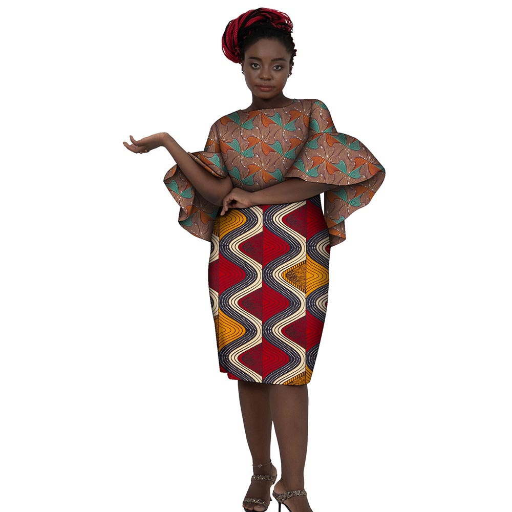 African Women Dresses Short Trumpet Sleeve Knee Length Patchwork Dress WY7506