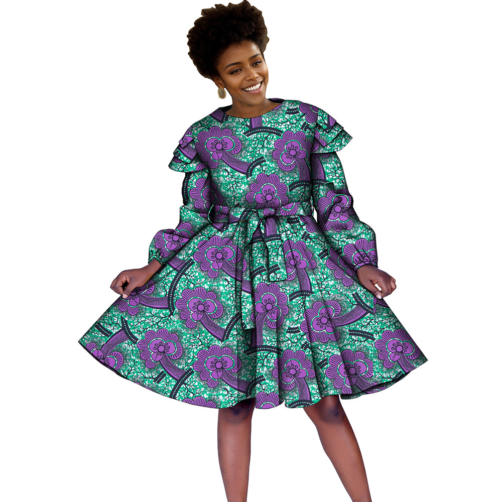 Long-sleeved knee-length African dress with bow belt FH034