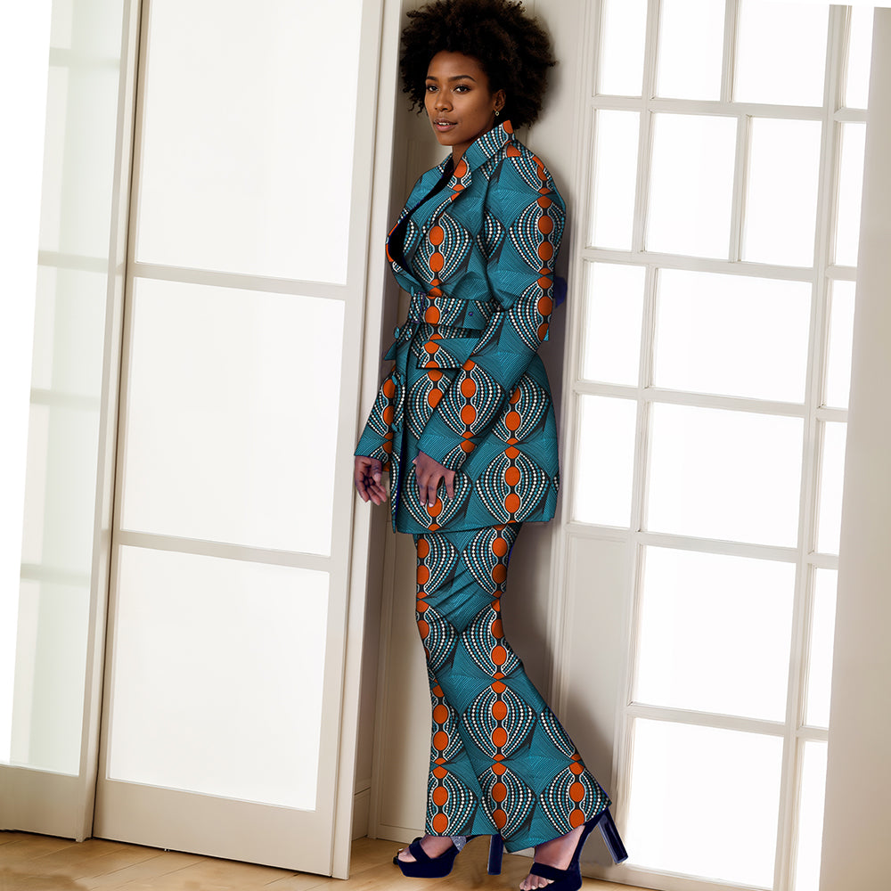 African Women Print Kente Top and Pants Set with Belt FH033