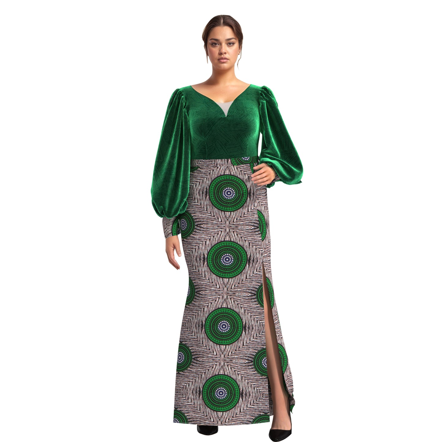European, American and African women's clothing quality dress v-neck full sleeve dress, elegant style women's long dress WY10905