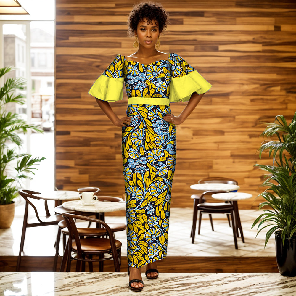 African Women's Dress Ankara Multicolor Short Sleeve Package Hip Long Dress WY6761