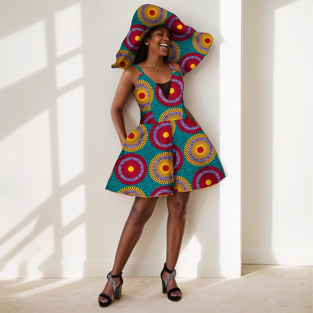 African Women Suspenders Jumpsuit Traditional Ankara Kente Print with Hat WY8844
