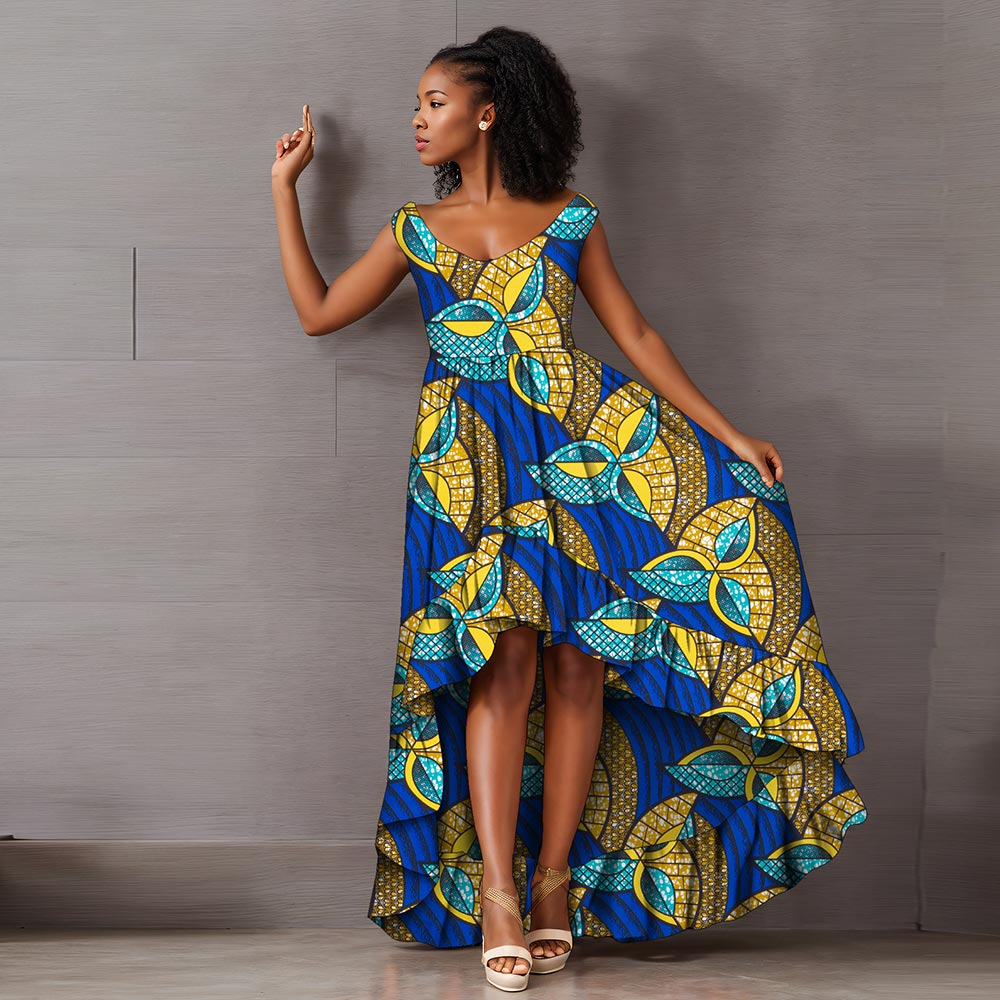 African women dress deep round neck Ankara Kent traditional wax print party dress WY8373