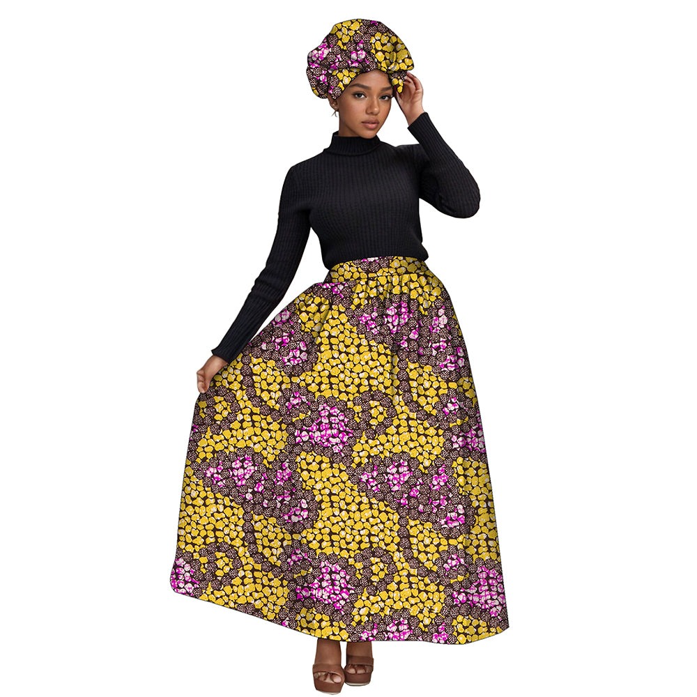 African Women's Long High Waist Ankara Print Skirt Matching Headwrap WY1270