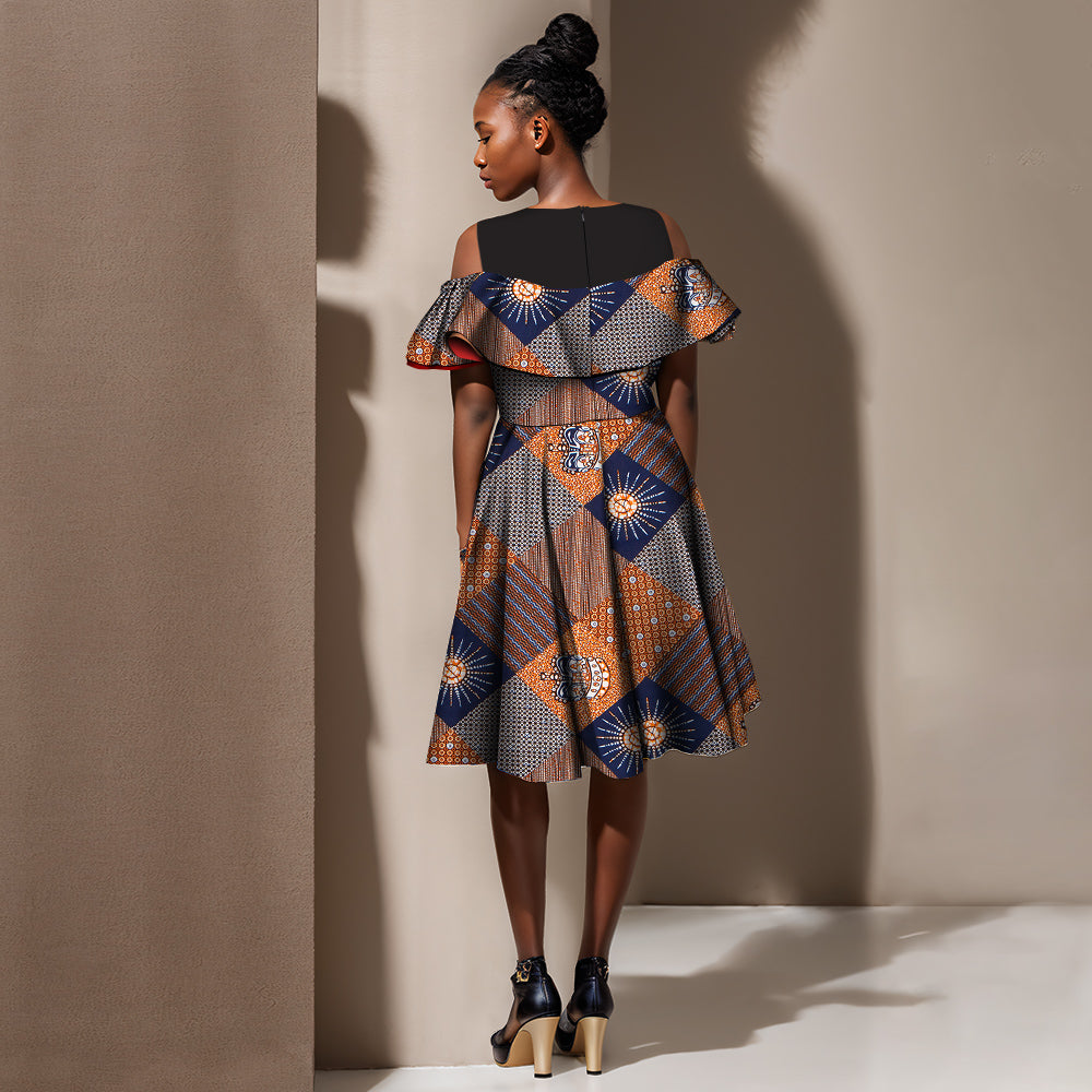 African Ankara Print Dresses O-Neck Splicing Dresses Party Dresses Short Dresses WY5502