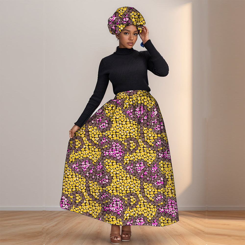 African Women's Long High Waist Ankara Print Skirt Matching Headwrap WY1270