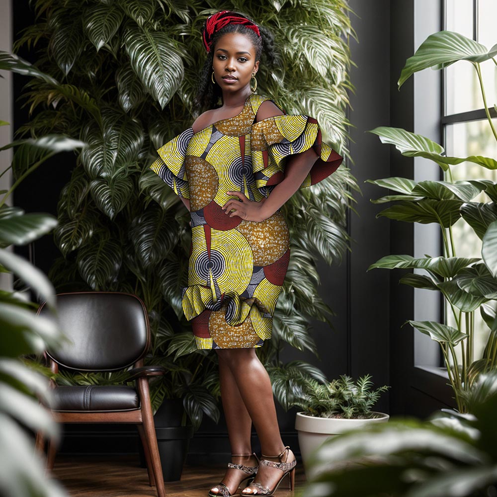 African Women Print Dress Knee Length Dress with Ruffle Edge Fashion Ankara Dress WY5294