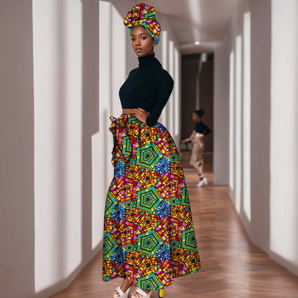 African Ankara Half Skirts for Women Fashion High Waist Elegant Long Skirt Matching Headwrap WY268