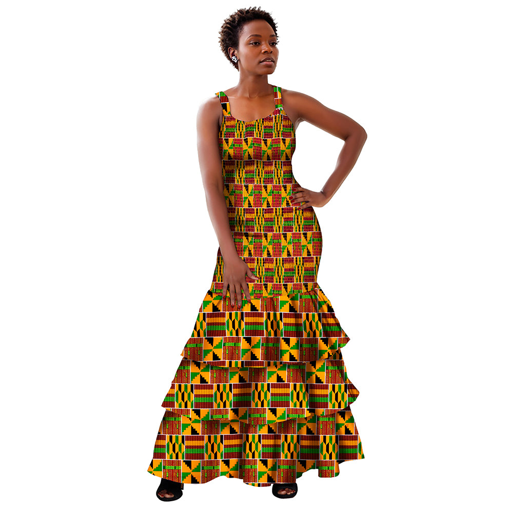 African Women Dresses Summer Sleeveless Ruffle Dress Dashiki Bodycon Dress WY298