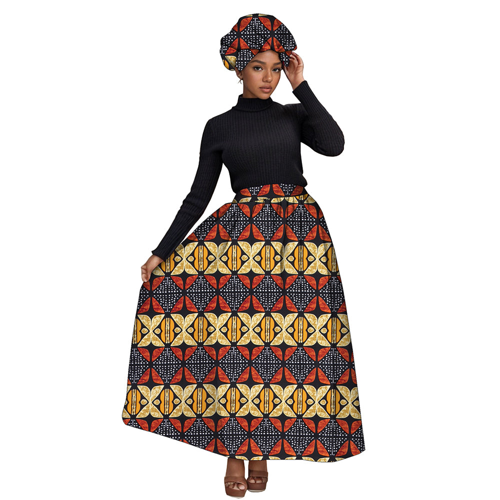 African Women's Long High Waist Ankara Print Skirt Matching Headwrap WY1270