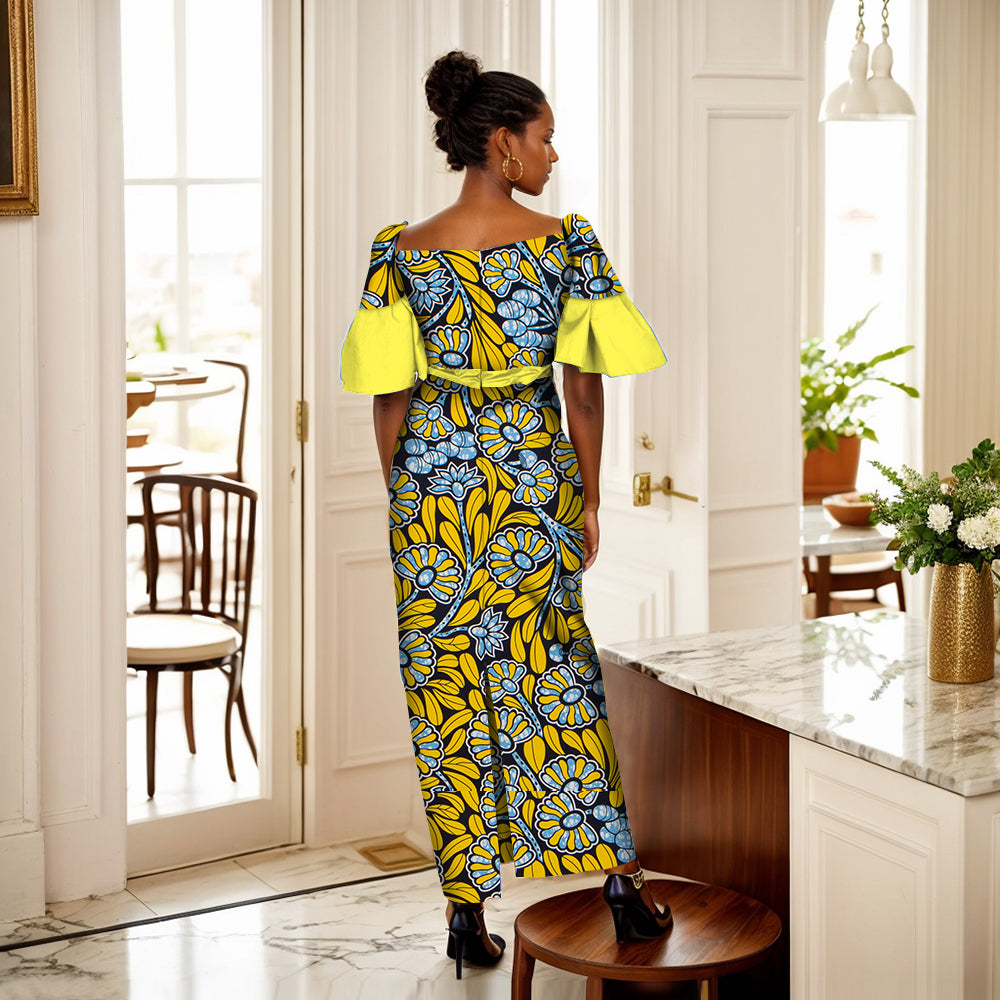 African Women's Dress Ankara Multicolor Short Sleeve Package Hip Long Dress WY6761
