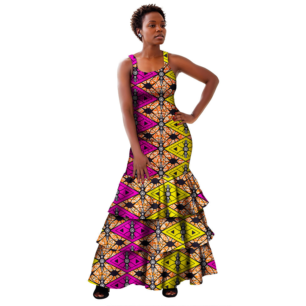 African Women Dresses Summer Sleeveless Ruffle Dress Dashiki Bodycon Dress WY298