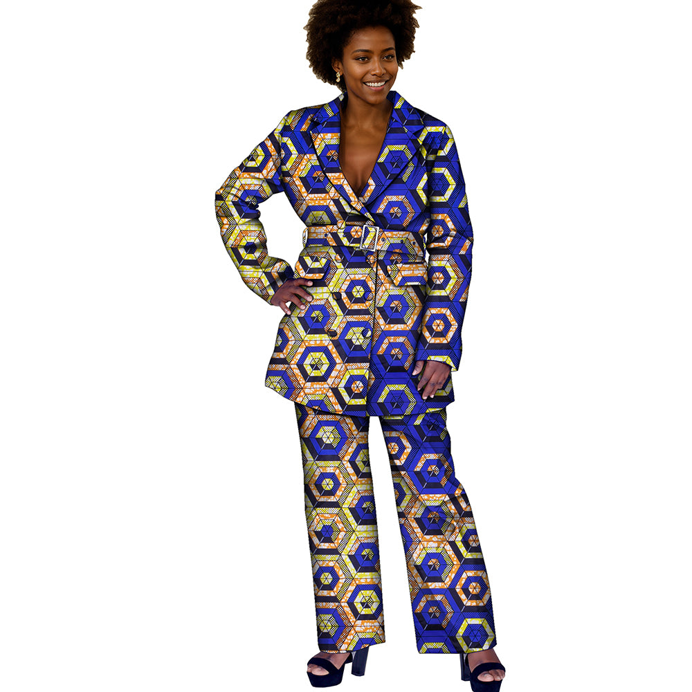 African Women Print Kente Top and Pants Set with Belt FH033