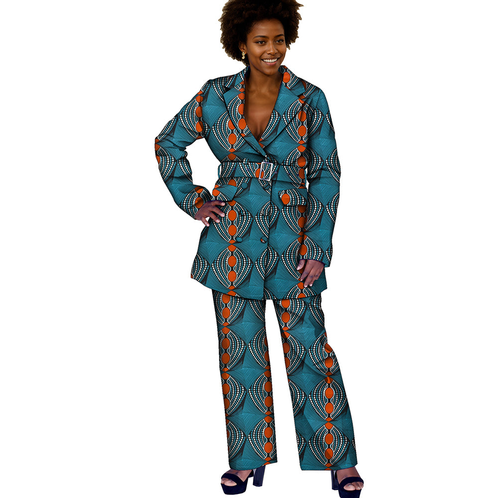 African Women Print Kente Top and Pants Set with Belt FH033