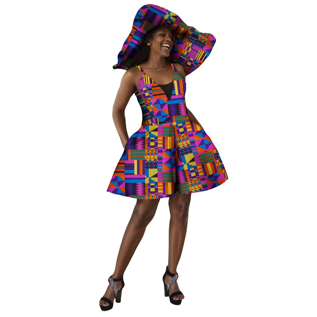 African Women Suspenders Jumpsuit Traditional Ankara Kente Print with Hat WY8844