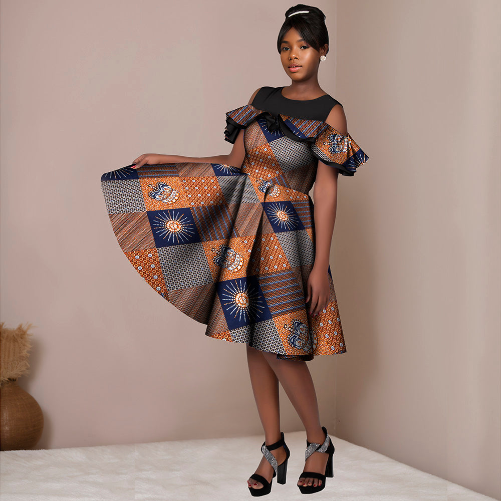 African Ankara Print Dresses O-Neck Splicing Dresses Party Dresses Short Dresses WY5502