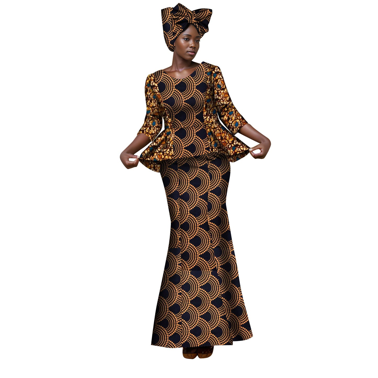 African Ankara Print Women Dresses Set with Headscarf WY1401