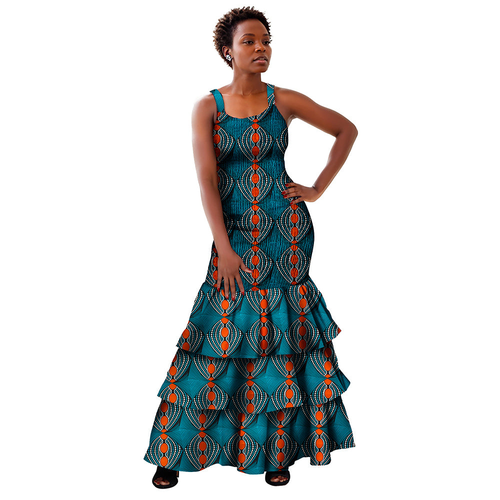 African Women Dresses Summer Sleeveless Ruffle Dress Dashiki Bodycon Dress WY298