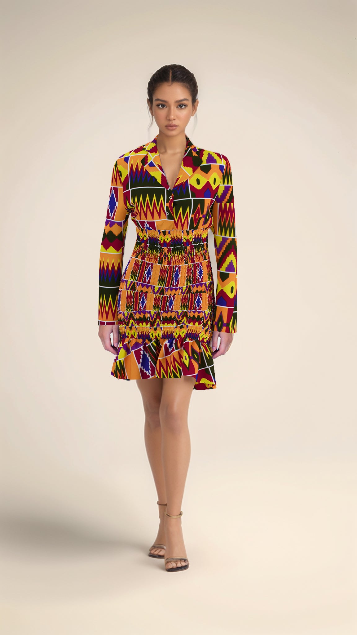 African fashion women's dress, suit collar long sleeved sweet style women's skirt, elastic waisted women's dress wy10859