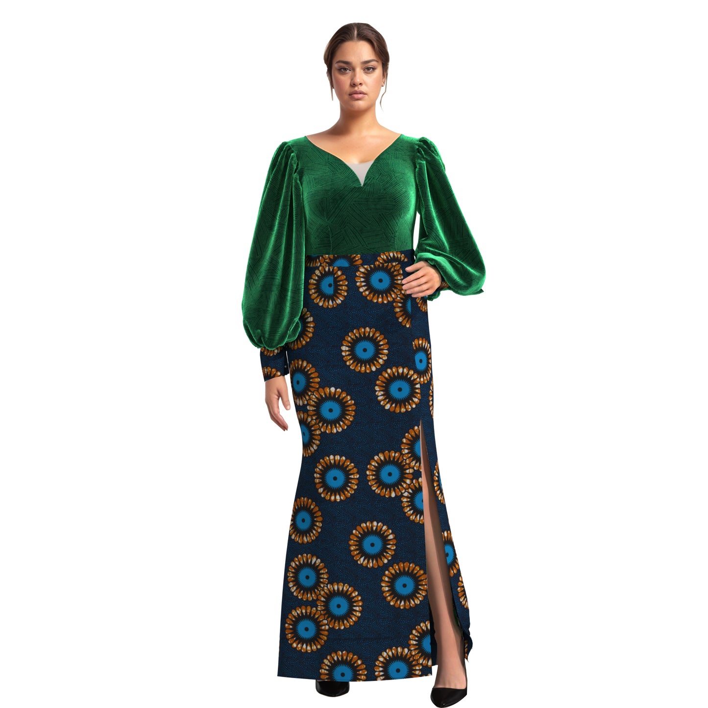 European, American and African women's clothing quality dress v-neck full sleeve dress, elegant style women's long dress WY10905
