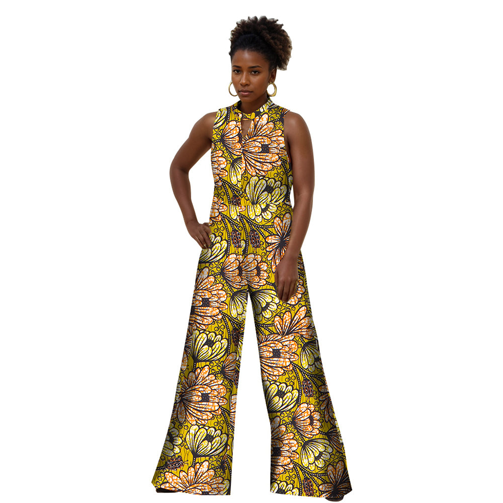 Africa Women Sleeveless Ankara Print Wide Leg Jumpsuits WY2244