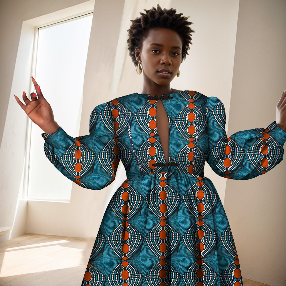 African Women Ankara Print Dresses Long Sleeve Floor Length Sexy Lady Clothing WY8853