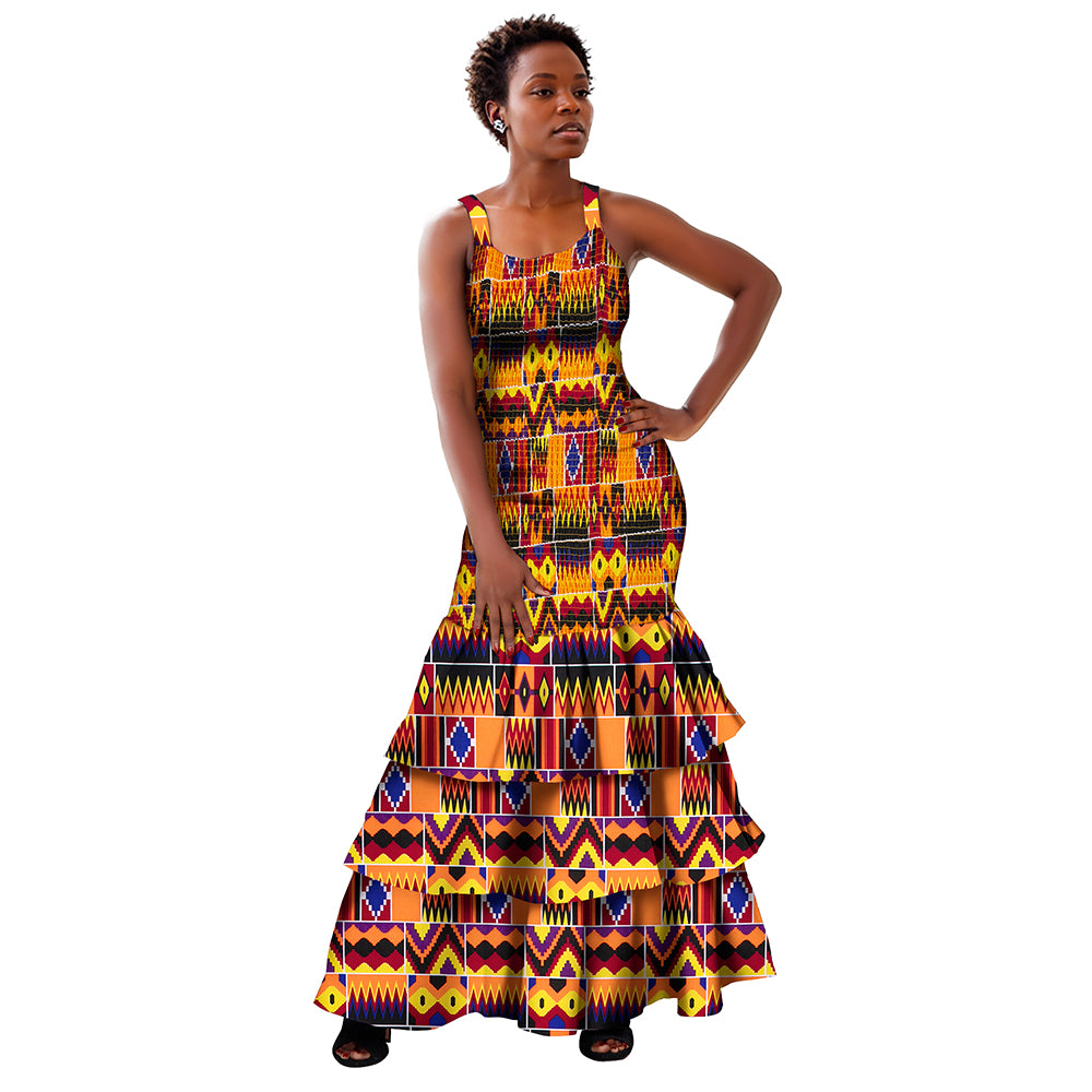 African Women Dresses Summer Sleeveless Ruffle Dress Dashiki Bodycon Dress WY298