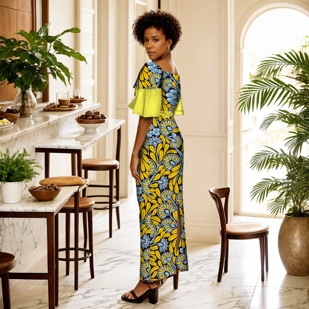 African Women's Dress Ankara Multicolor Short Sleeve Package Hip Long Dress WY6761