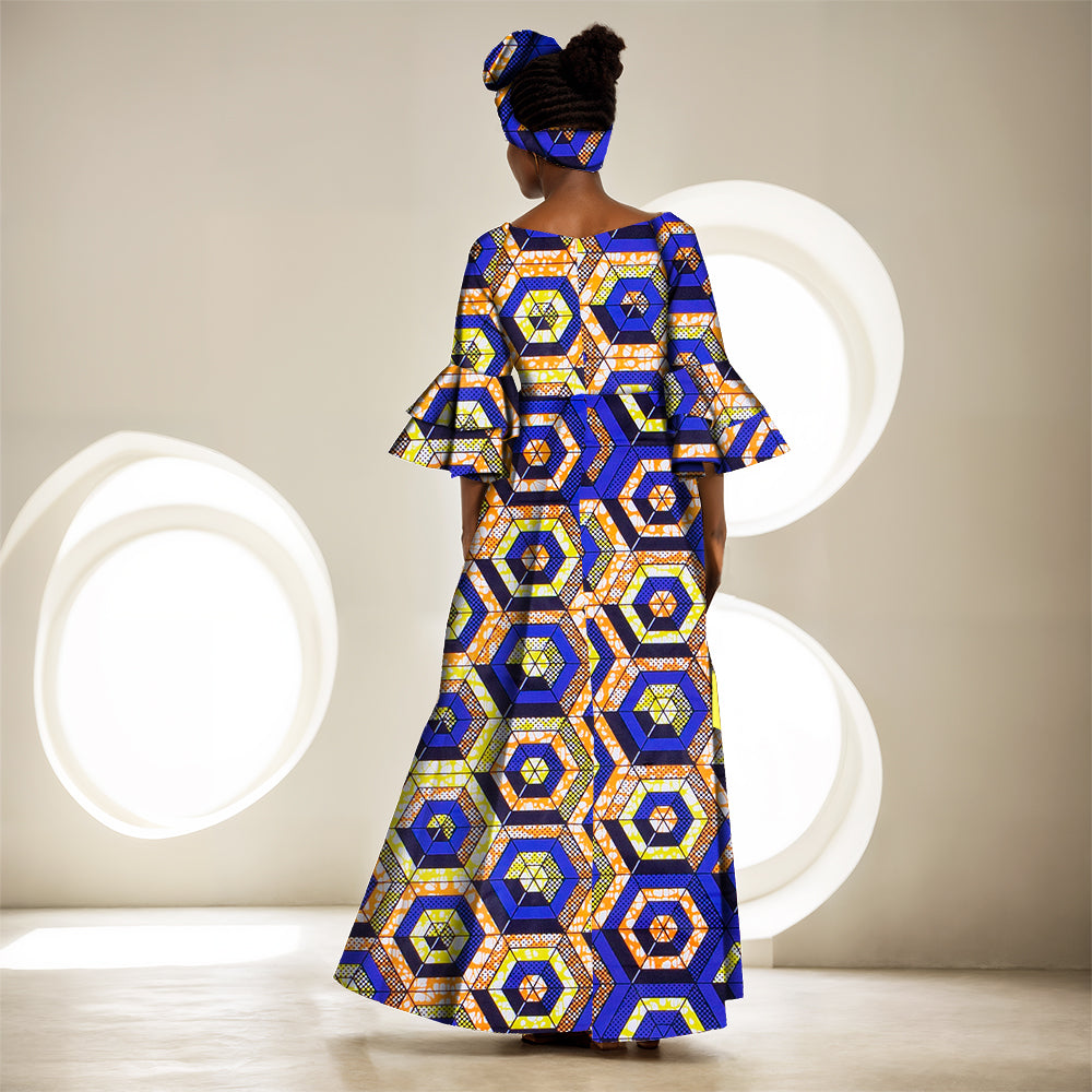 African Women Maxi Party Dress Double Layered Bell Sleeve Long Dress & Headwrap WY3819
